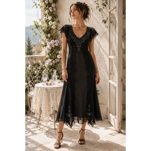 JKARA New York Black Beaded Chevron Chiffon Cocktail Dress Size 12 Art Deco Midi